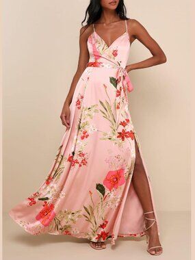 NWT Lulus Still the One Blush Pink Floral Print Satin Maxi Dress spaghetti strap